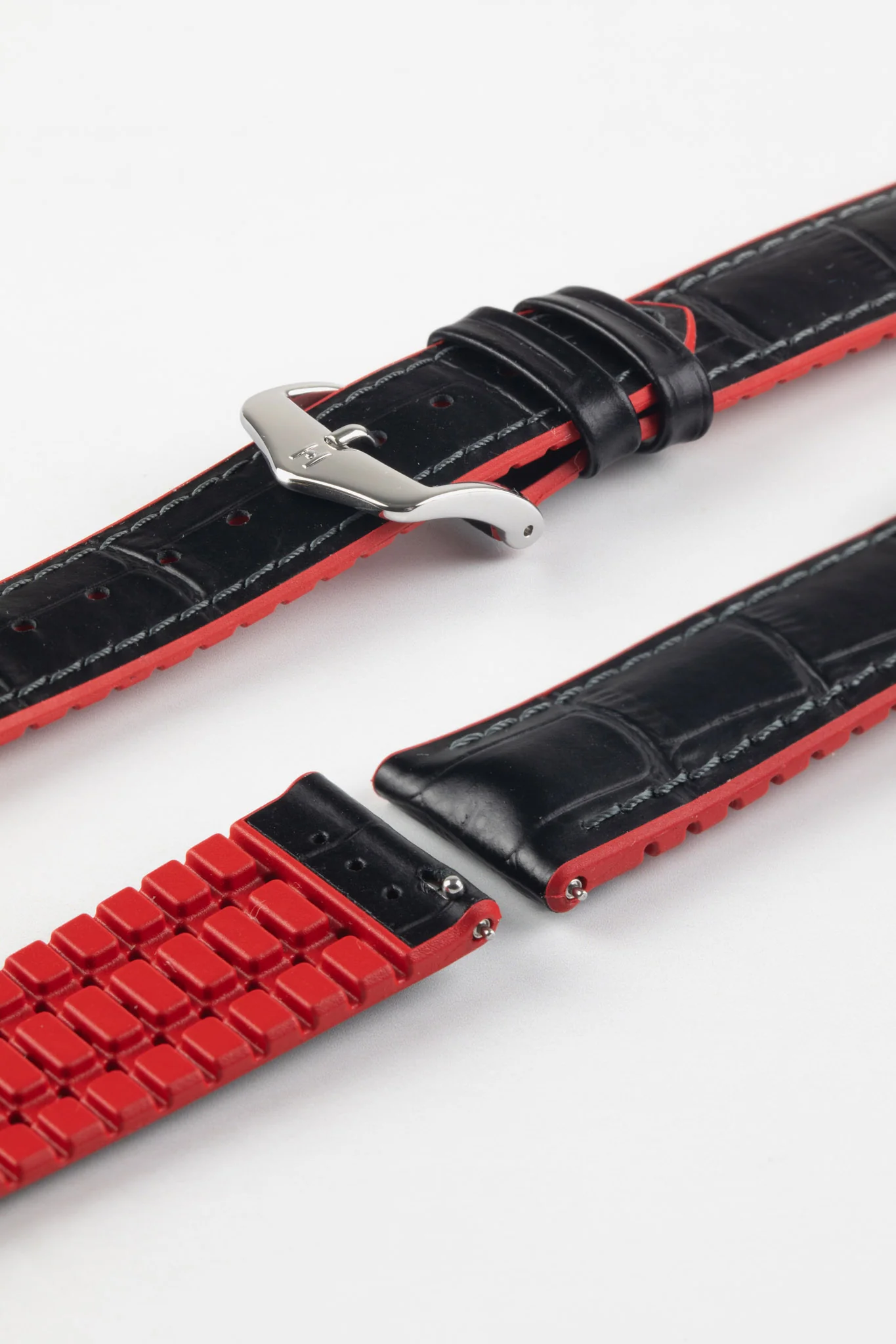 Hirsch ANDY Alligator Embossed Performance Watch Strap in BLACK / RED - Image 7