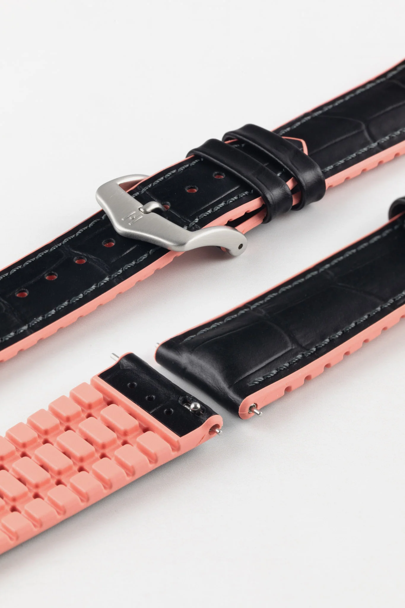 Hirsch ANDY Alligator Embossed Performance Watch Strap in BLACK / SALMON - Image 10