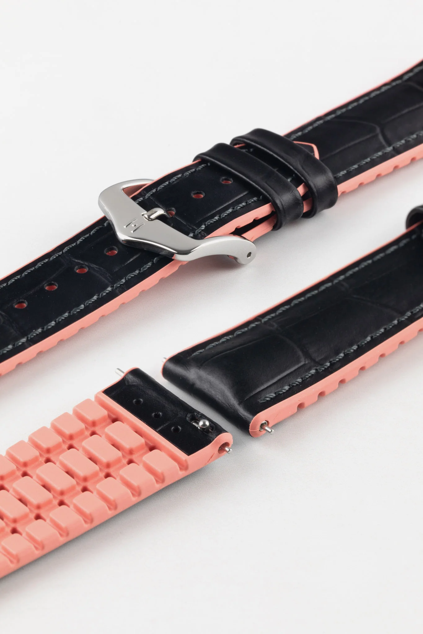 Hirsch ANDY Alligator Embossed Performance Watch Strap in BLACK / SALMON - Image 11