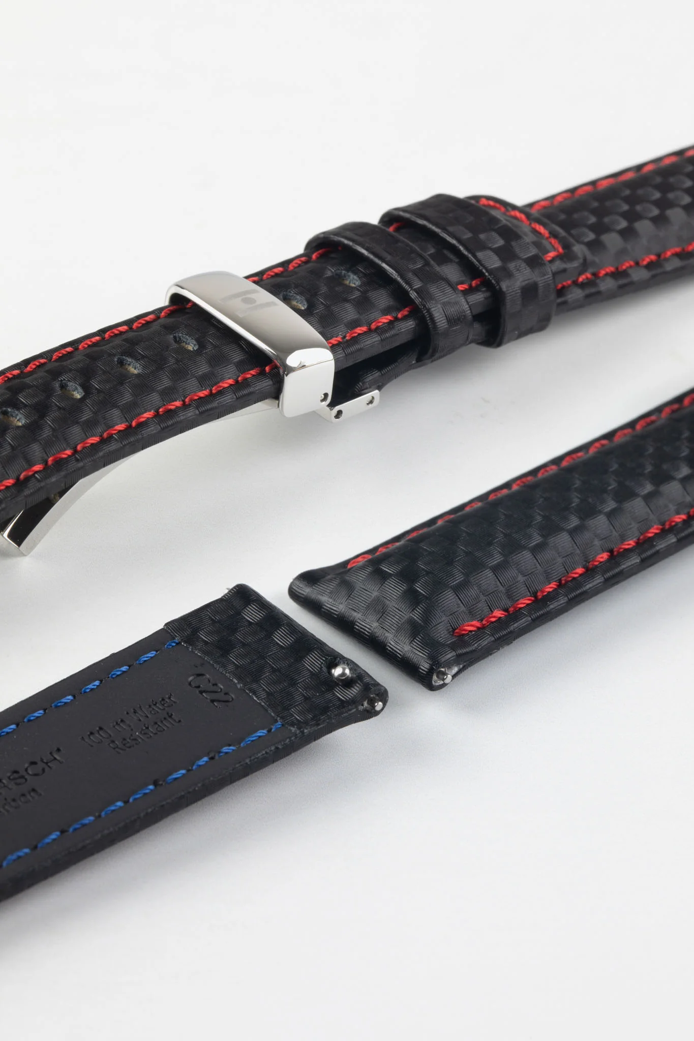 Hirsch CARBON Decorated Waterproof Leather Watch Strap in BLACK / RED - Image 10