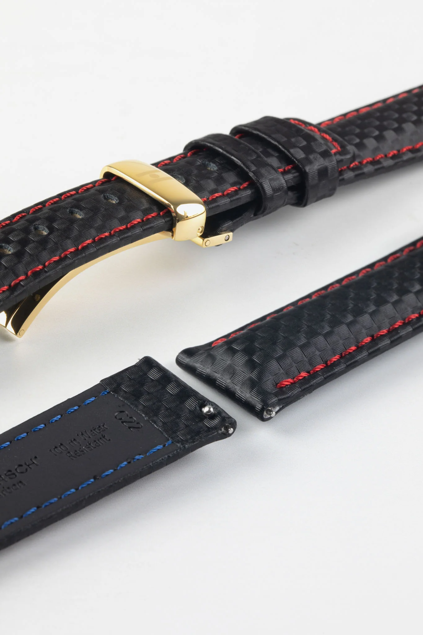 Hirsch CARBON Decorated Waterproof Leather Watch Strap in BLACK / RED - Image 11