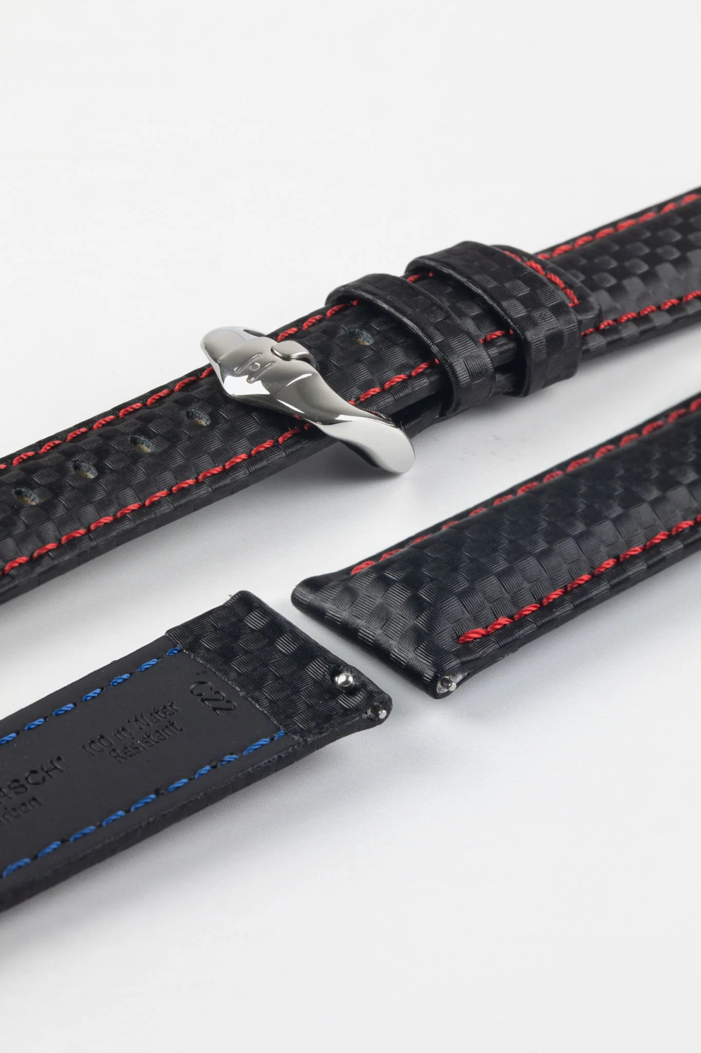 Hirsch CARBON Decorated Waterproof Leather Watch Strap in BLACK / RED - Image 7