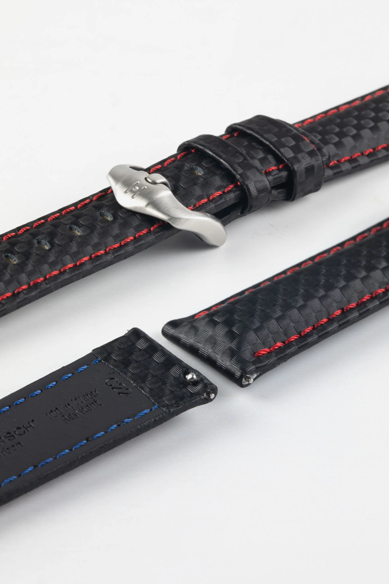 Hirsch CARBON Decorated Waterproof Leather Watch Strap in BLACK / RED - Image 8