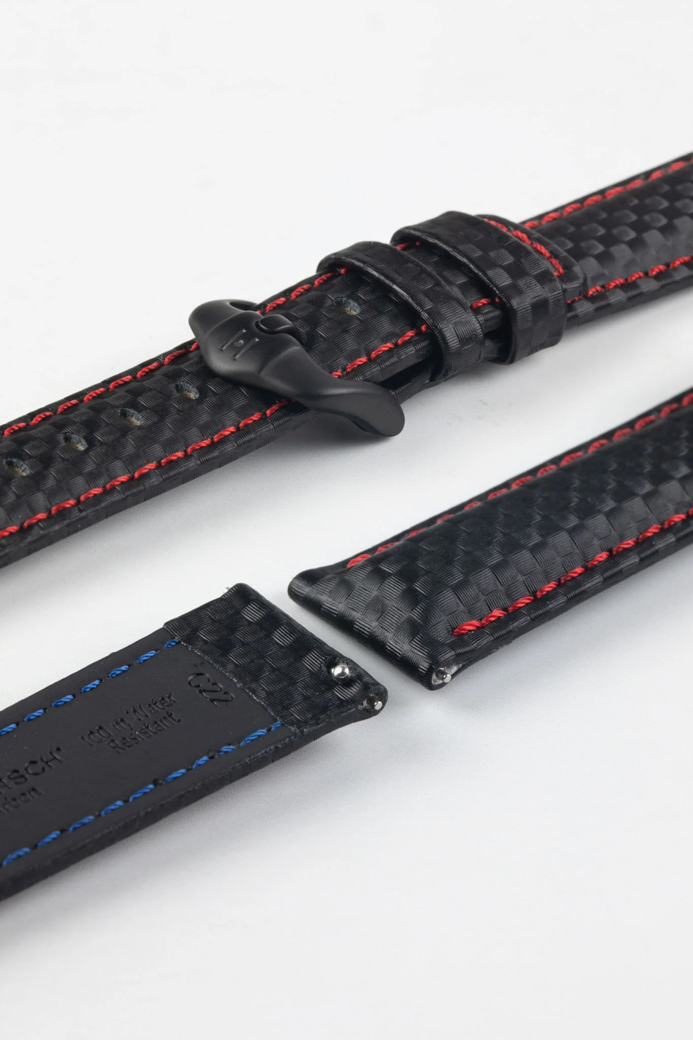 Hirsch CARBON Decorated Waterproof Leather Watch Strap in BLACK / RED - Image 9