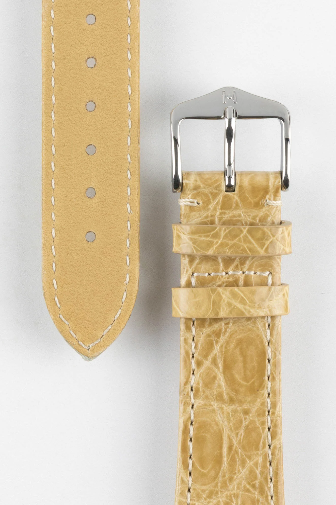 Hirsch GENUINE CROCO Shiny Crocodile Leather Watch Strap in BEIGE - Image 3