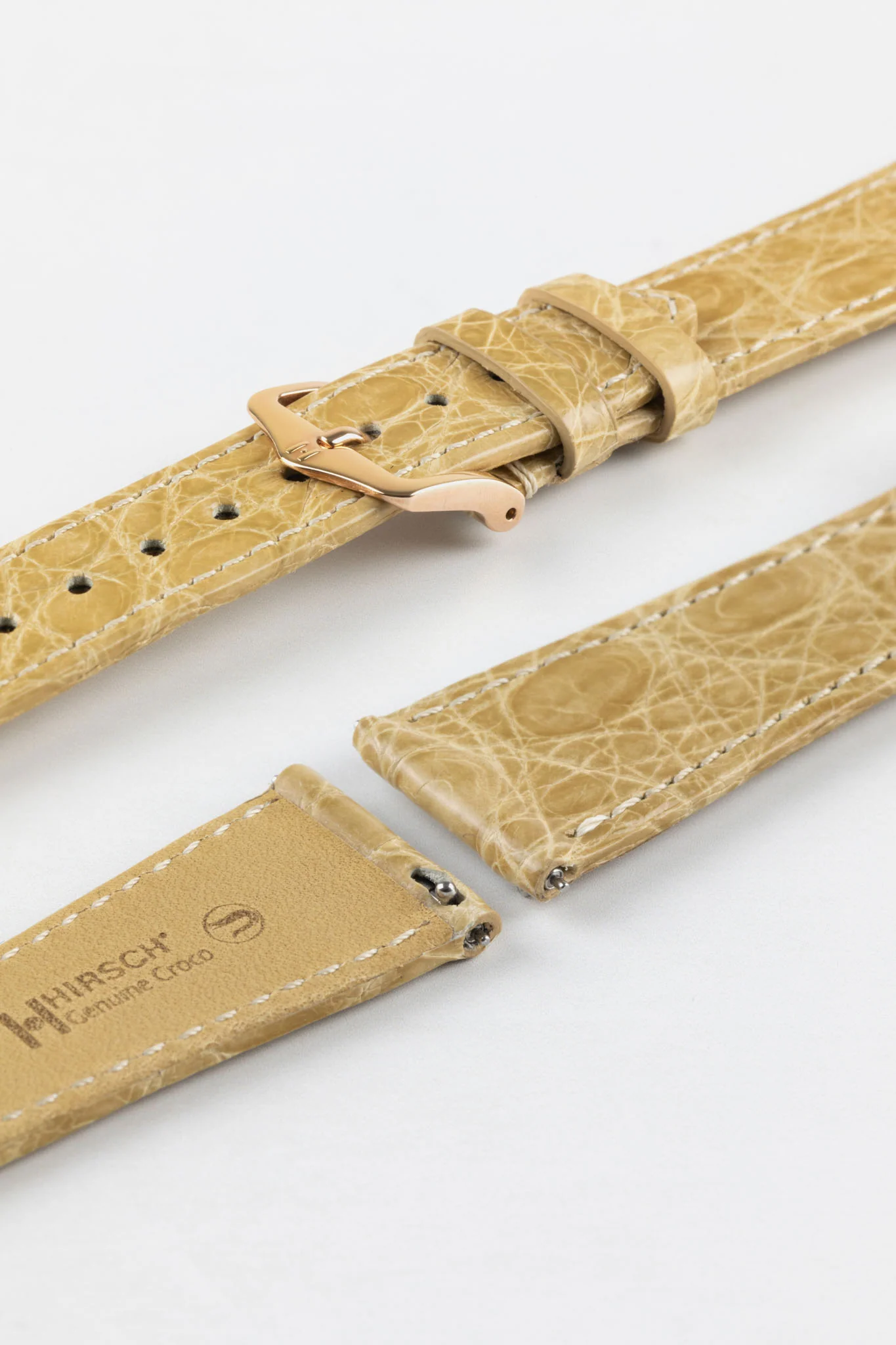 Hirsch GENUINE CROCO Shiny Crocodile Leather Watch Strap in BEIGE - Image 9