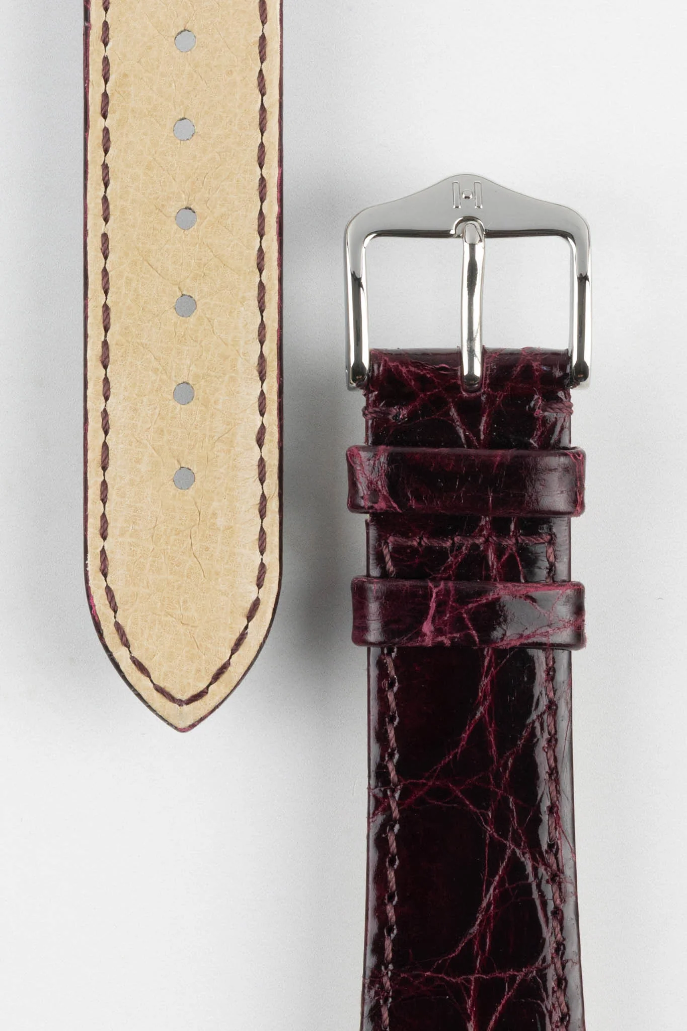Hirsch GENUINE CROCO Shiny Crocodile Leather Watch Strap in BURGUNDY - Image 3