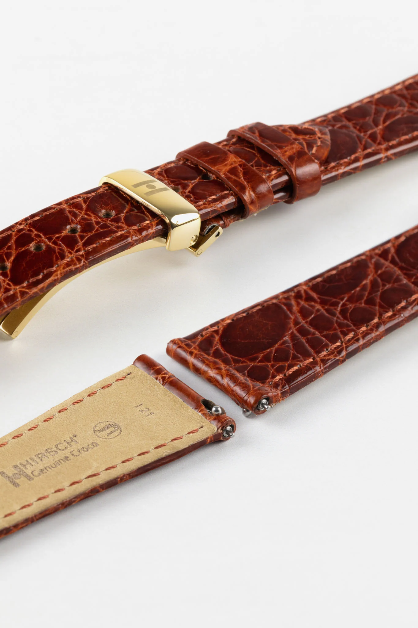 Hirsch GENUINE CROCO Shiny Crocodile Leather Watch Strap in GOLD BROWN - Image 11
