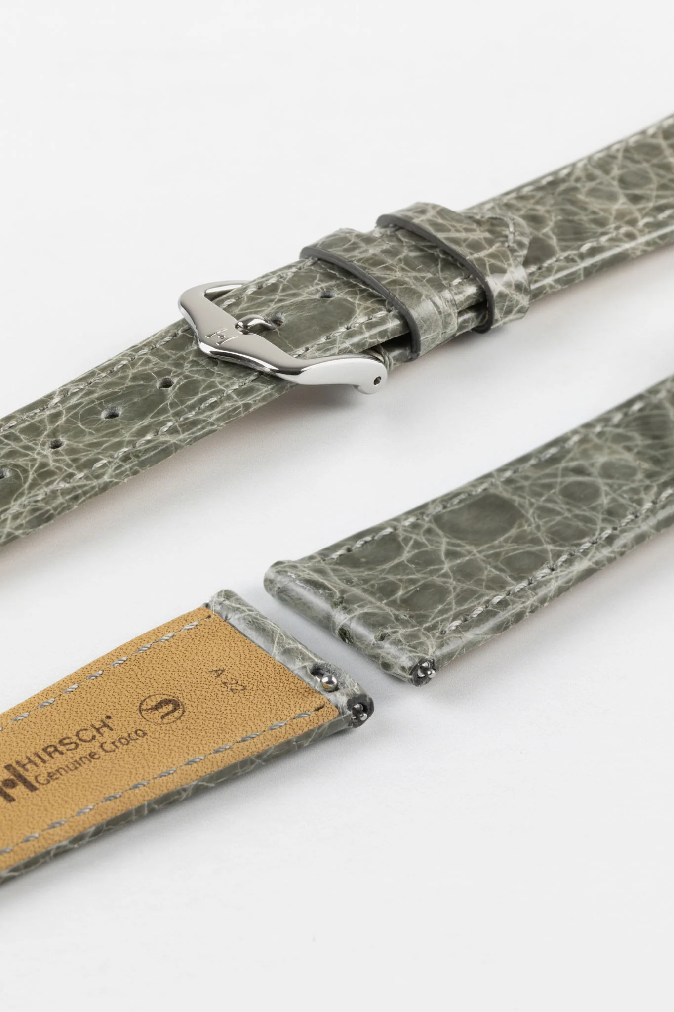 Hirsch GENUINE CROCO Shiny Croc Leather Watch Strap in GREY - Image 7