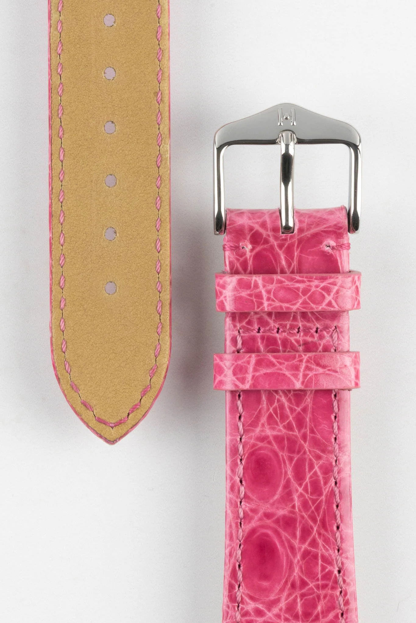 Hirsch GENUINE CROCO Shiny Crocodile Leather Watch Strap in PINK - Image 3