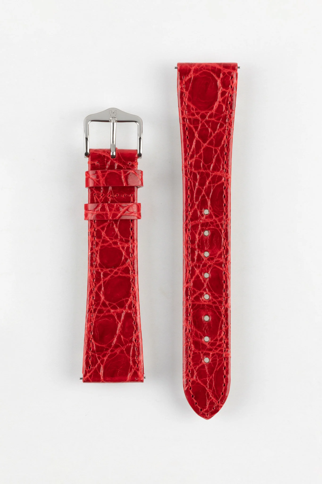 Hirsch GENUINE CROCO Shiny Crocodile Leather Watch Strap in RED