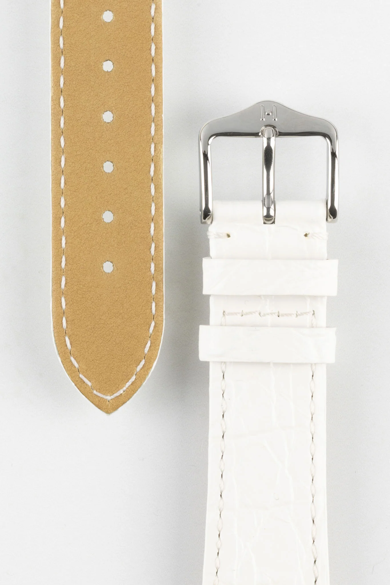 Hirsch GENUINE CROCO Shiny Crocodile Leather Watch Strap in WHITE - Image 3