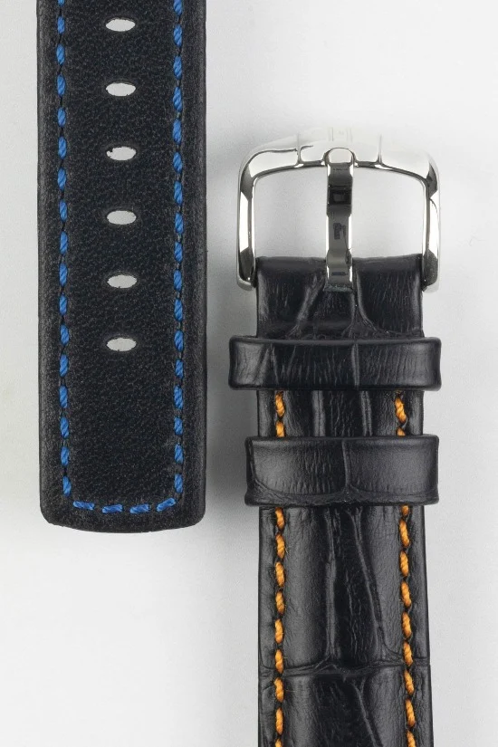 Hirsch GRAND DUKE Water-Resistant Alligator Embossed Sport Watch Strap in BLACK / ORANGE - Image 3