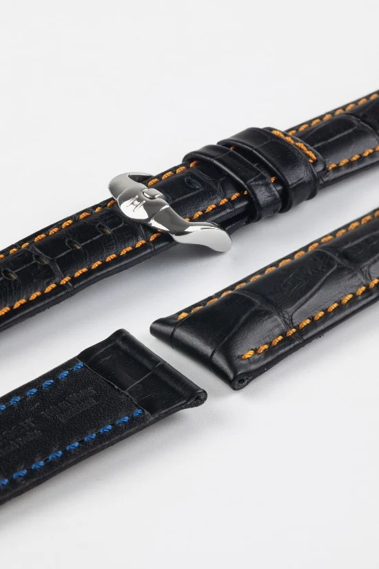 Hirsch GRAND DUKE Water-Resistant Alligator Embossed Sport Watch Strap in BLACK / ORANGE - Image 7