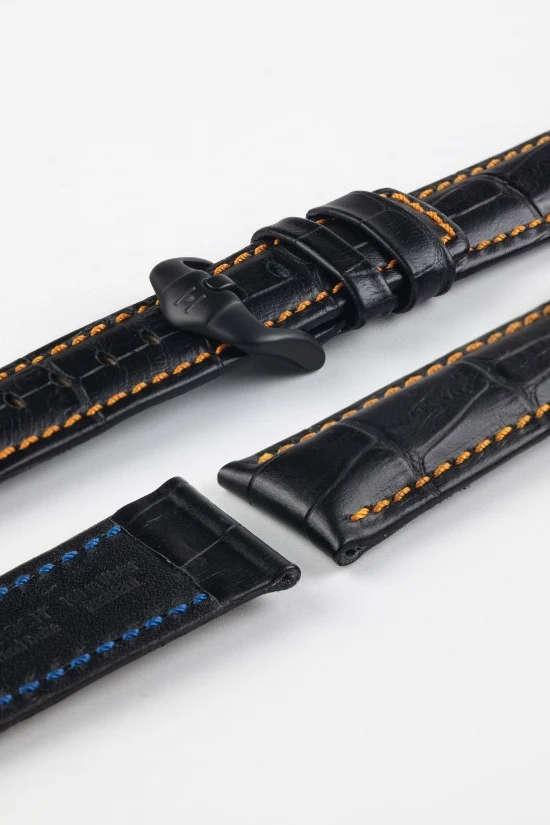 Hirsch GRAND DUKE Water-Resistant Alligator Embossed Sport Watch Strap in BLACK / ORANGE - Image 8