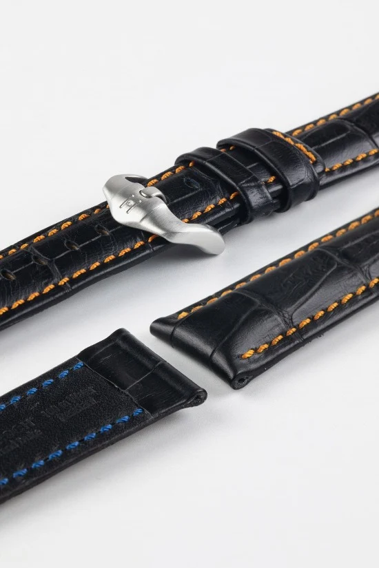 Hirsch GRAND DUKE Water-Resistant Alligator Embossed Sport Watch Strap in BLACK / ORANGE - Image 9