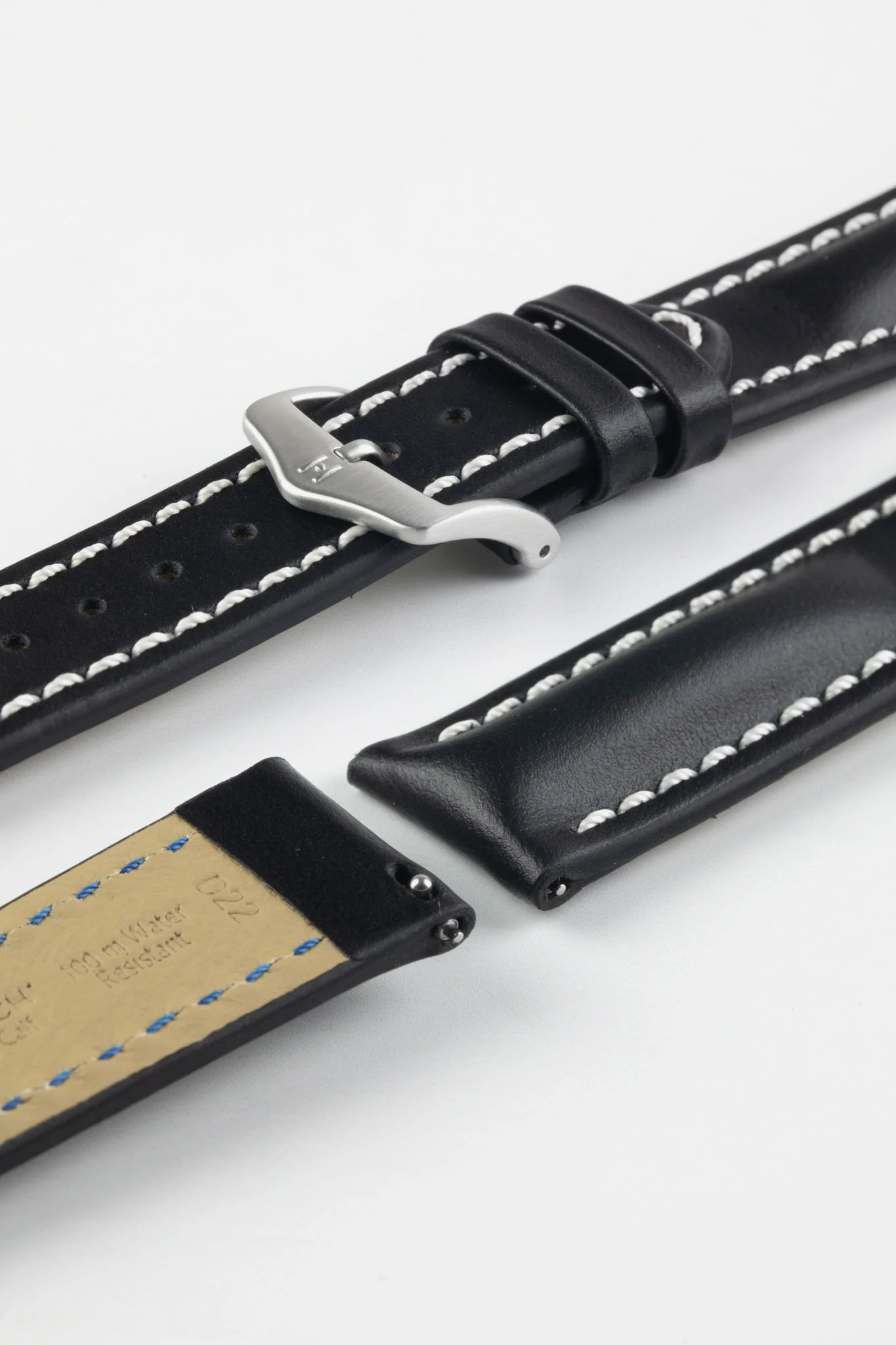 Hirsch HEAVY CALF Water-Resistant Calf Leather Watch Strap in BLACK / WHITE - Image 10