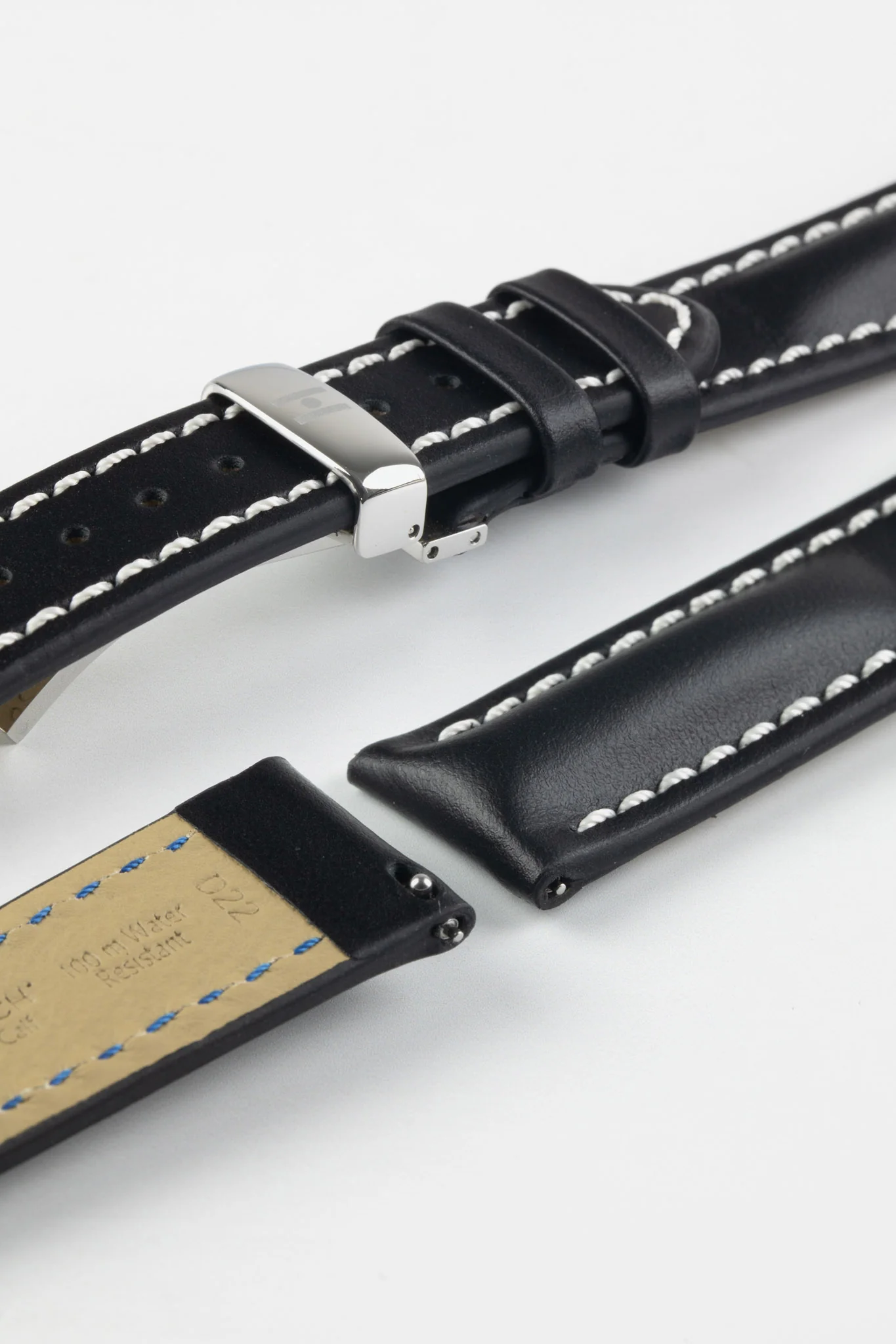 Hirsch HEAVY CALF Water-Resistant Calf Leather Watch Strap in BLACK / WHITE - Image 11