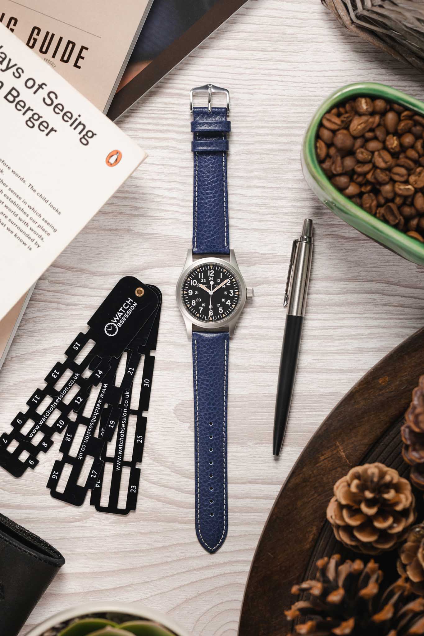 Hirsch KANSAS Buffalo-Embossed Calf Leather Watch Strap in BLUE with White Stitch - Image 6