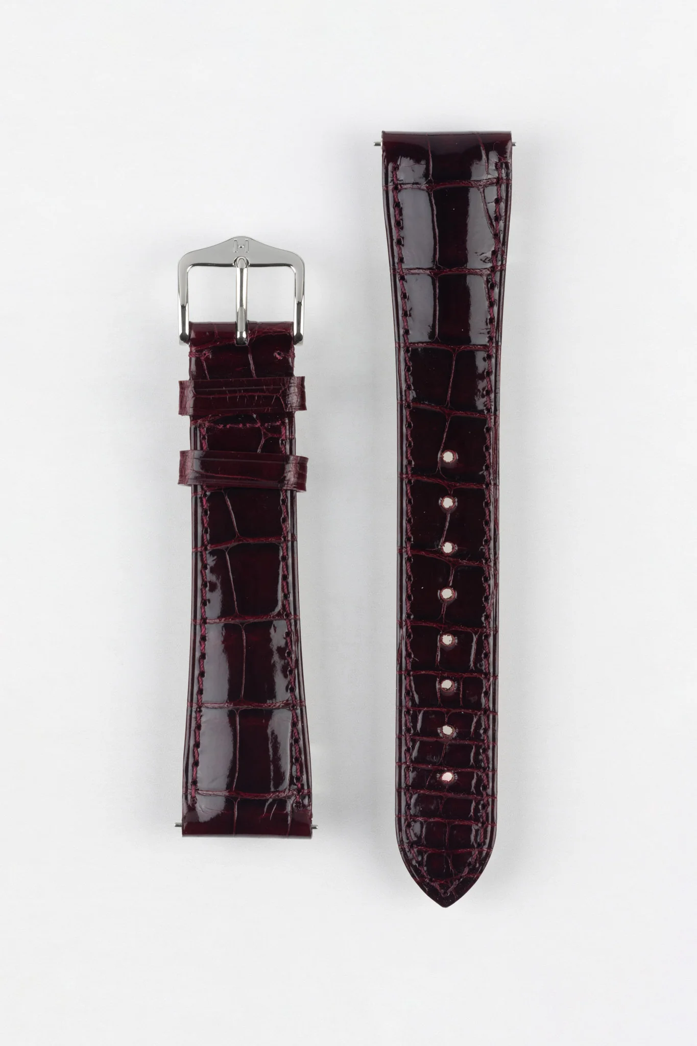Hirsch LONDON Shiny Alligator Leather Watch Strap in BURGUNDY