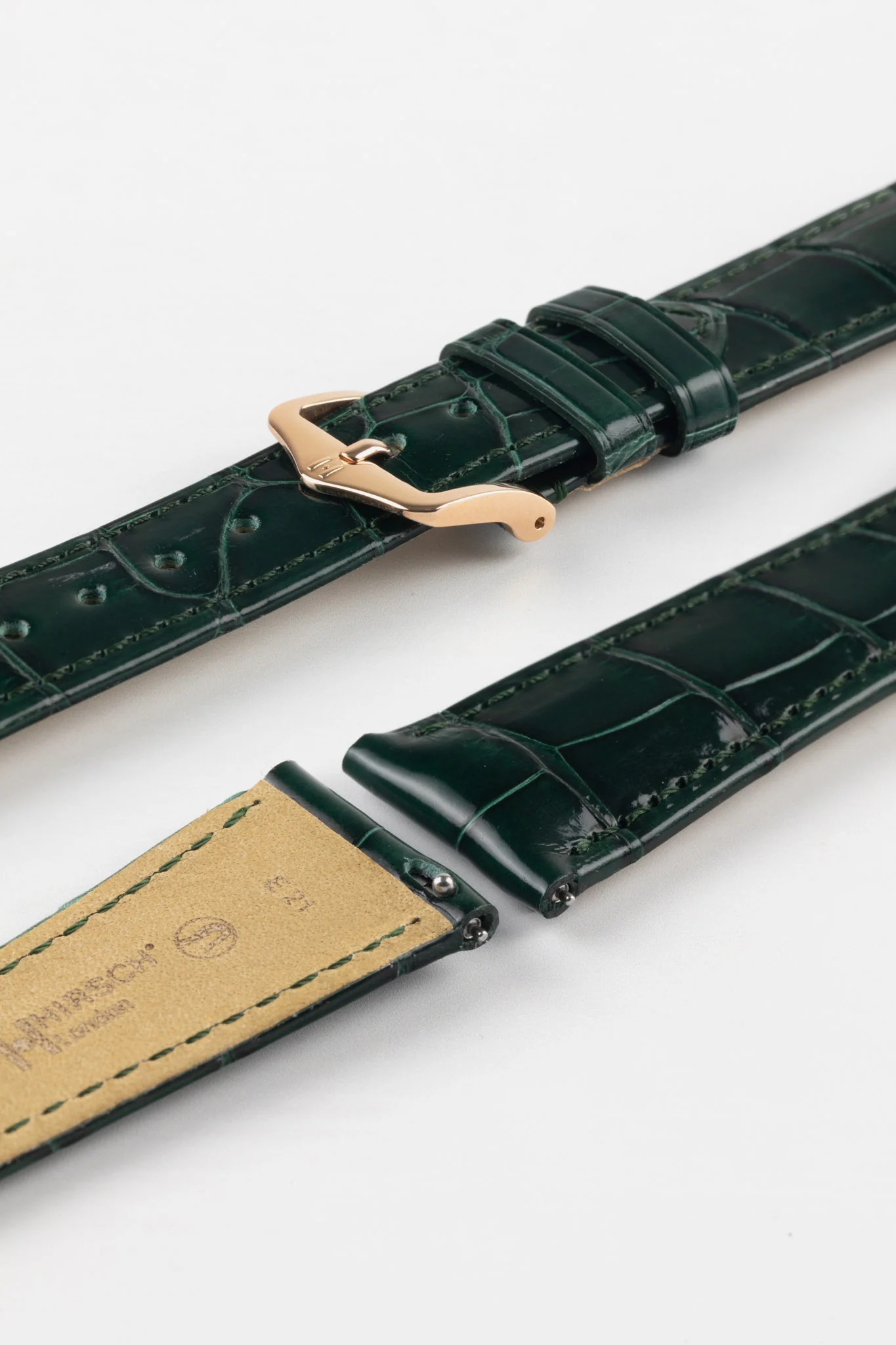 Hirsch LONDON Shiny Alligator Leather Watch Strap in DARK GREEN - Image 8