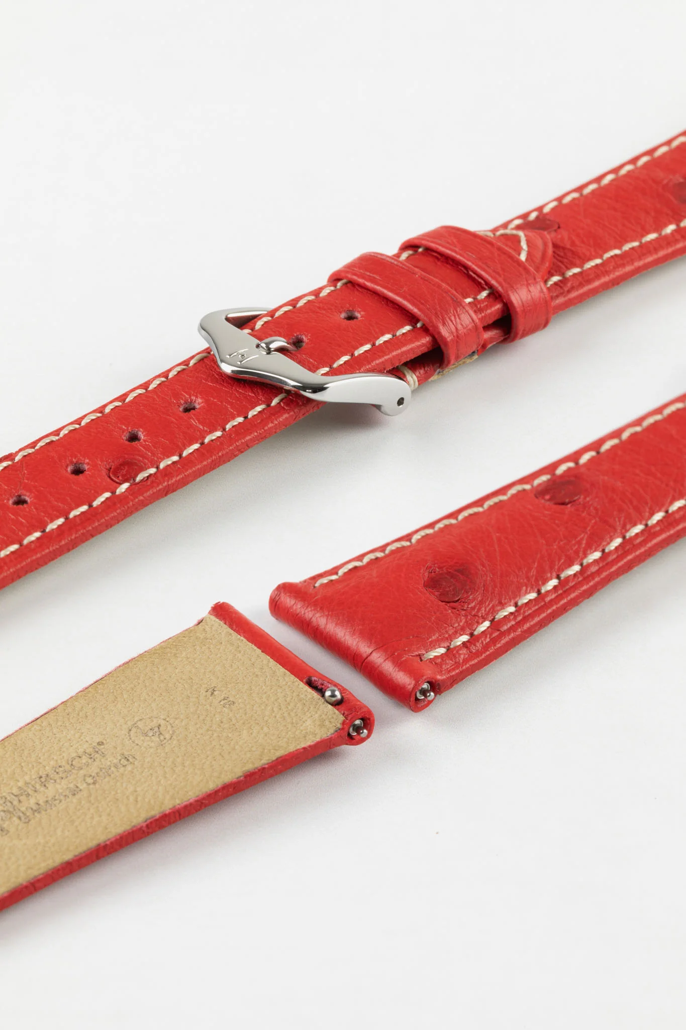 Hirsch MASSAI OSTRICH Leather Watch Strap in RED With WHITE Stitching - Image 7