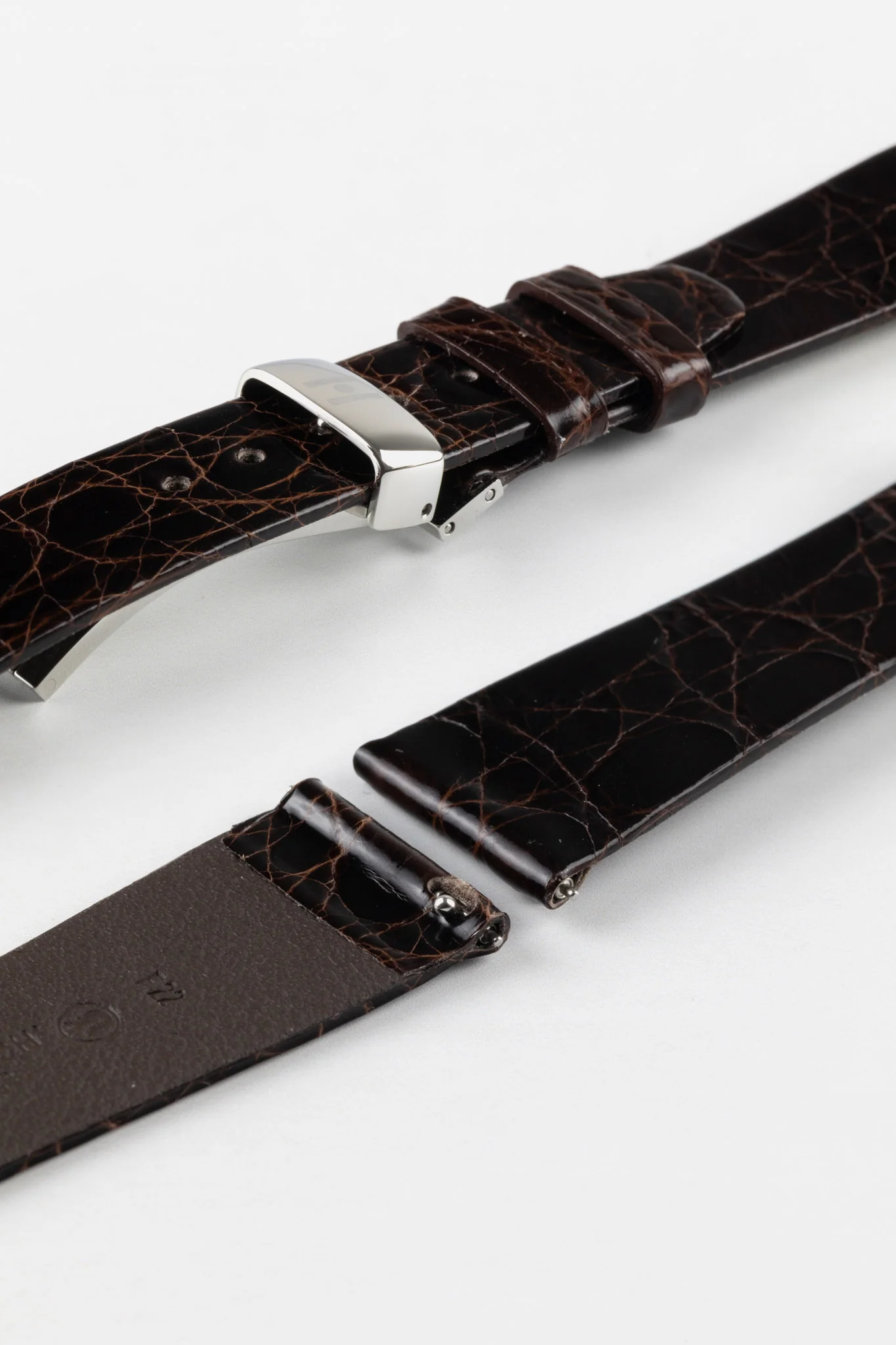 Hirsch PRESTIGE Shiny Genuine Crocodile Leather Watch Strap in BROWN - Image 10