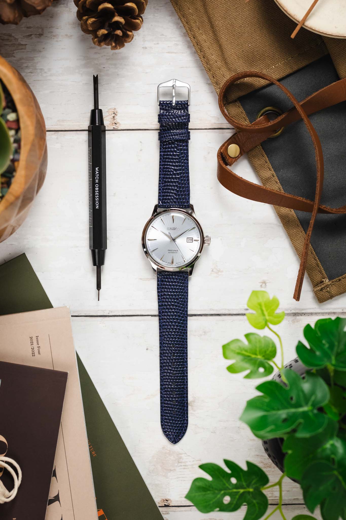 Hirsch RAINBOW NQR Lizard-Embossed Leather Watch Strap in BLUE - Image 6