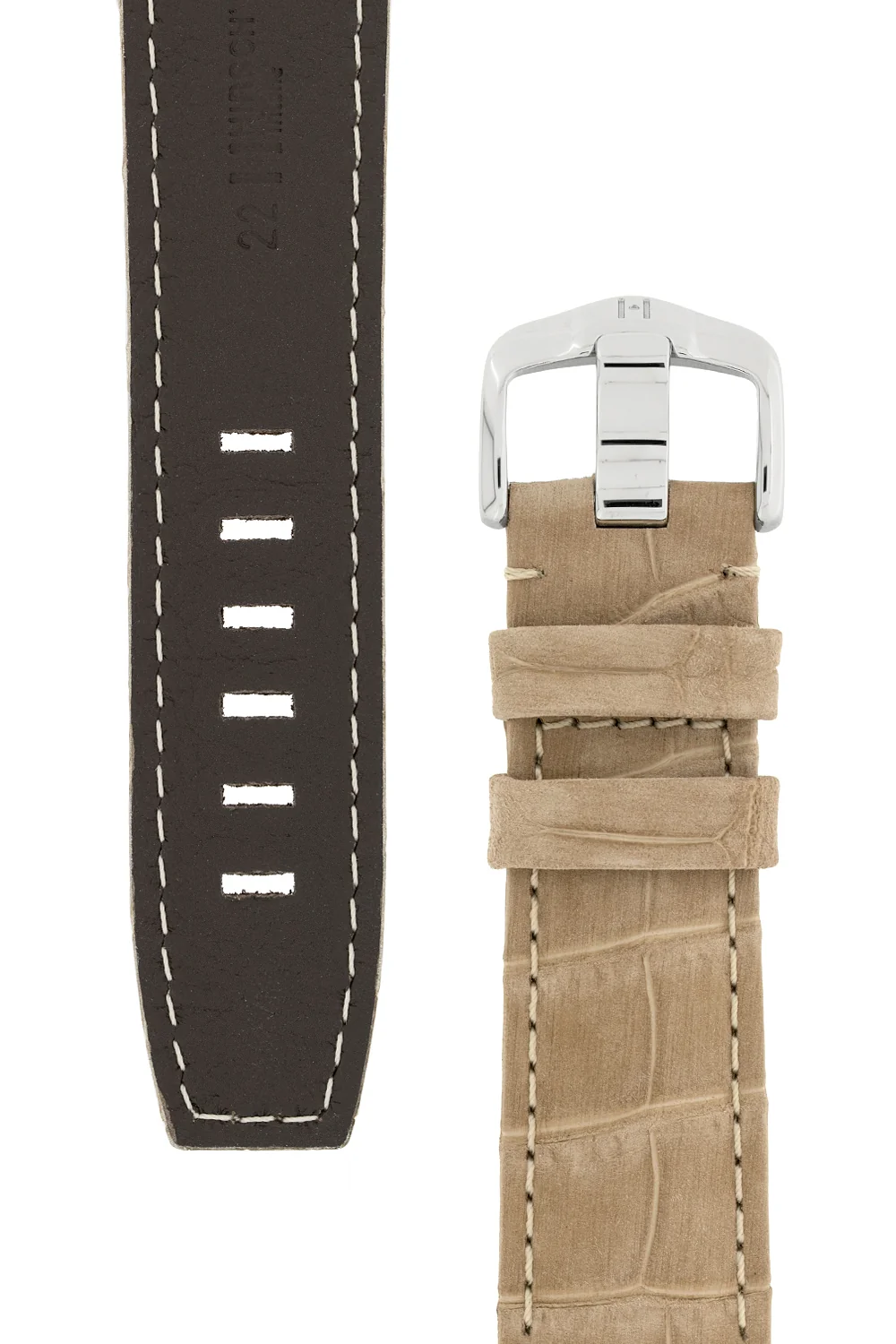 Hirsch TRITONE Nubuck Alligator Leather Watch Strap in BEIGE with WHITE Stitching - Image 3