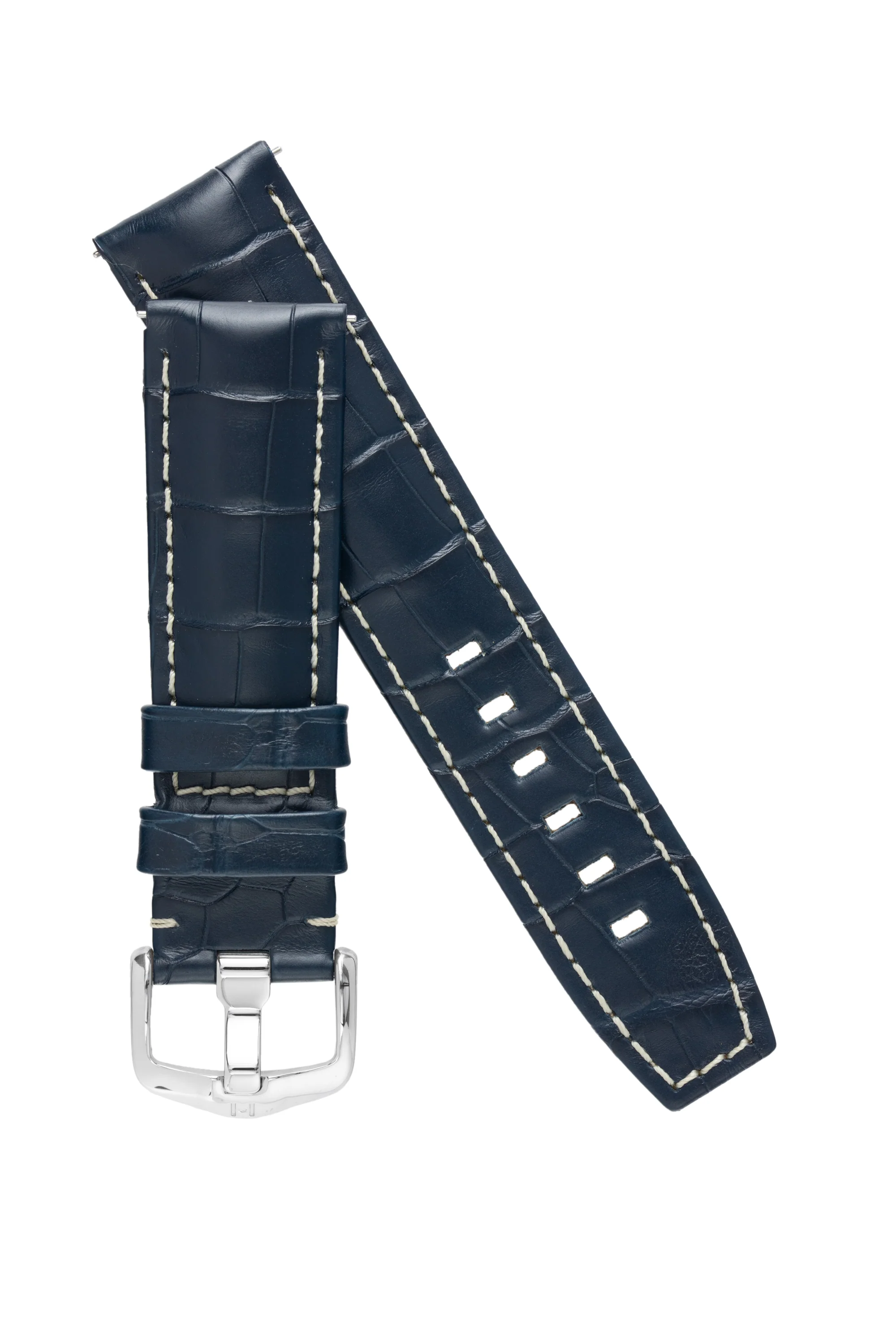 Hirsch TRITONE Padded Alligator Leather Watch Strap in BLUE With WHITE Stitching - Image 5