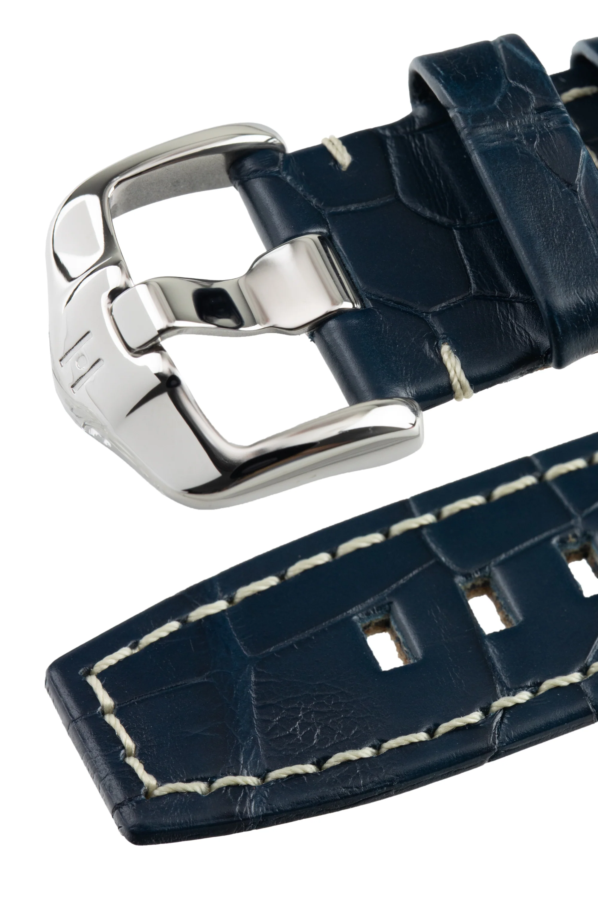 Hirsch TRITONE Padded Alligator Leather Watch Strap in BLUE With WHITE Stitching - Image 6