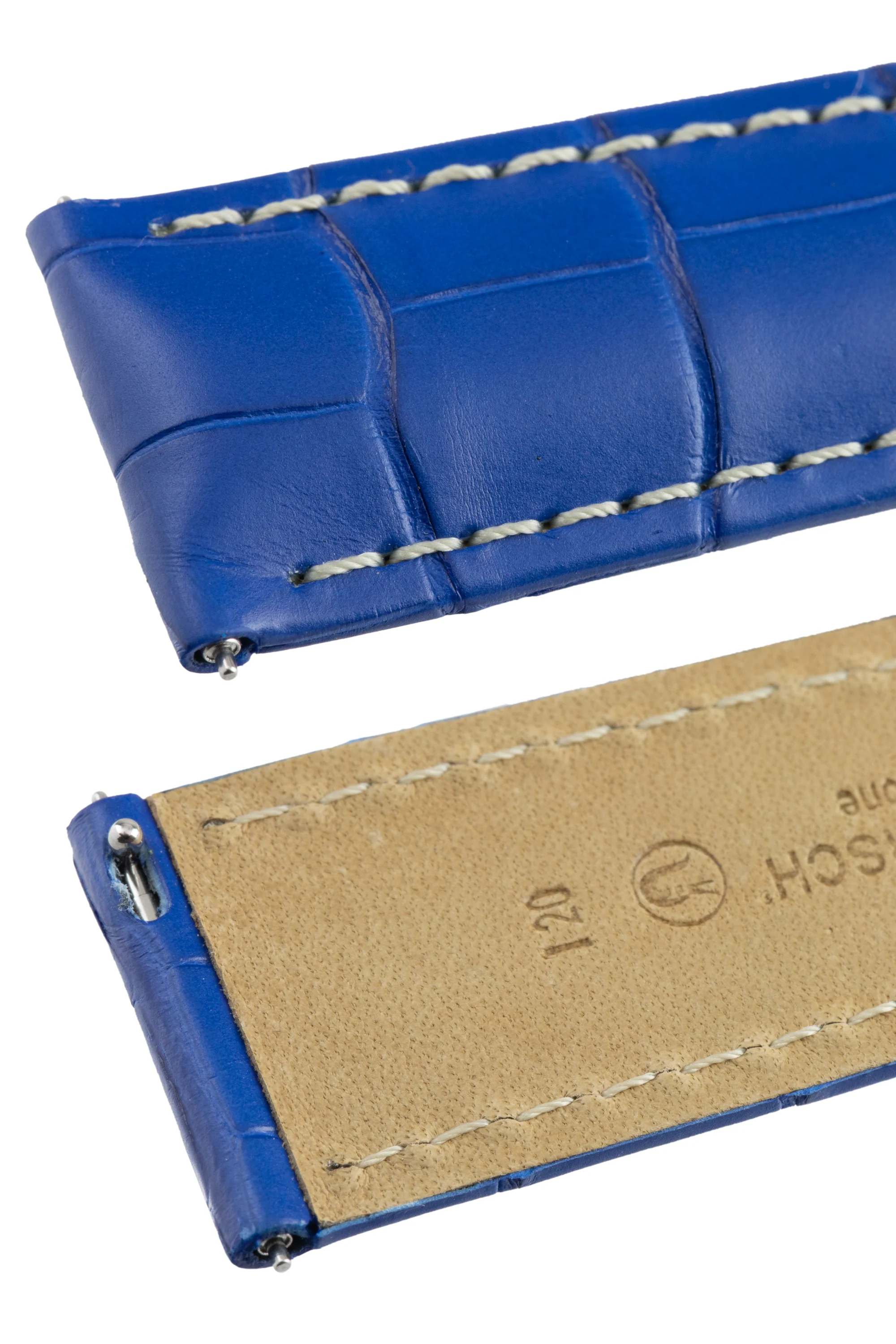 Hirsch TRITONE Padded Alligator Leather Watch Strap in ROYAL BLUE With WHITE Stitching - Image 7