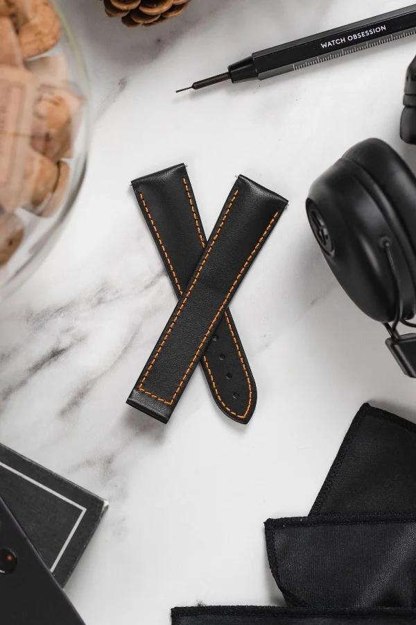 Hirsch VOYAGER Calfskin Deployment Watch Strap in BLACK/ORANGE - Image 4