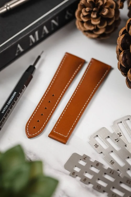 Hirsch VOYAGER Calfskin Deployment Watch Strap in GOLD BROWN/WHITE - Image 2