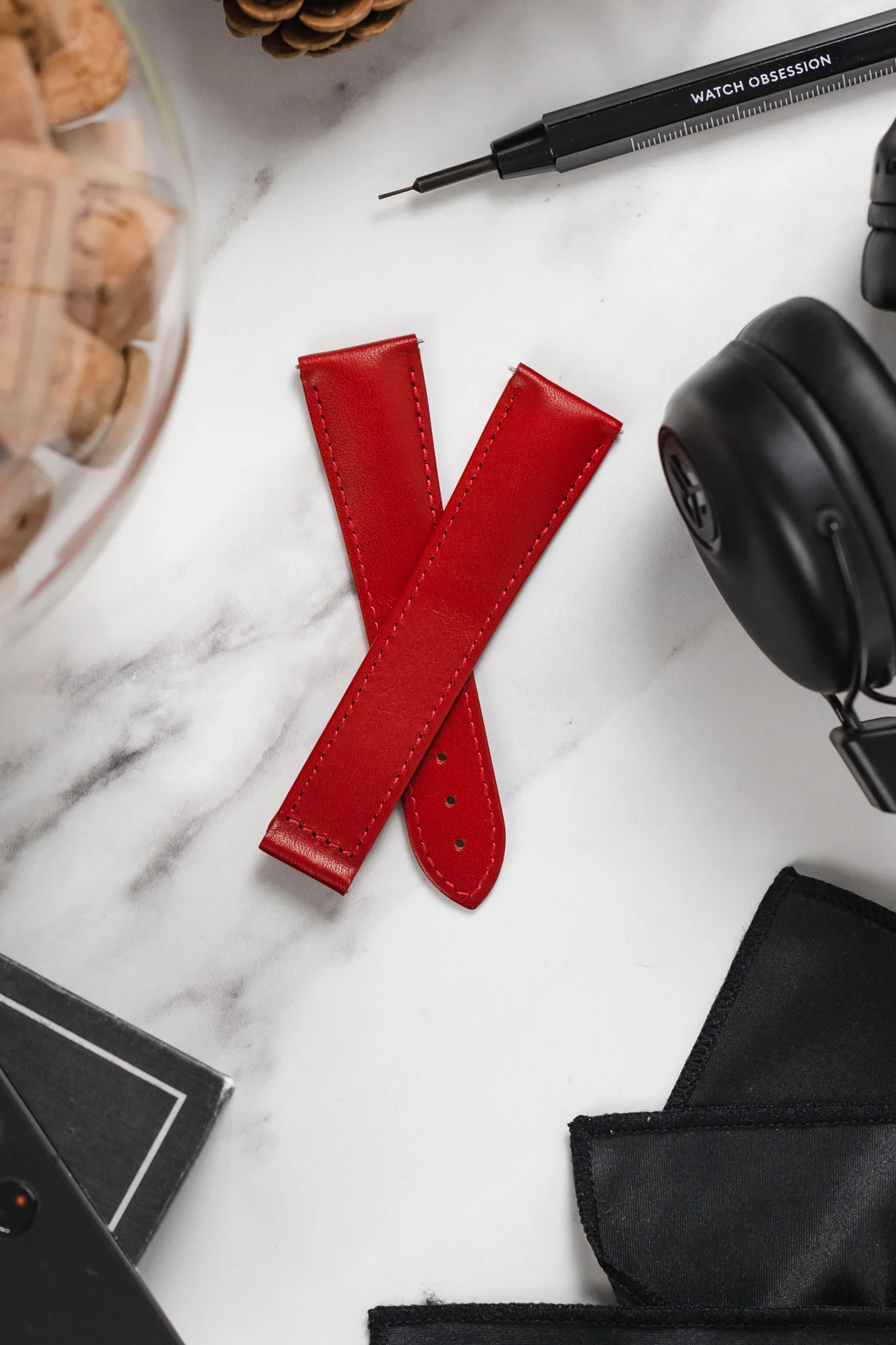 Hirsch VOYAGER Calfskin Leather Deployment Watch Strap in RED/RED - Image 4