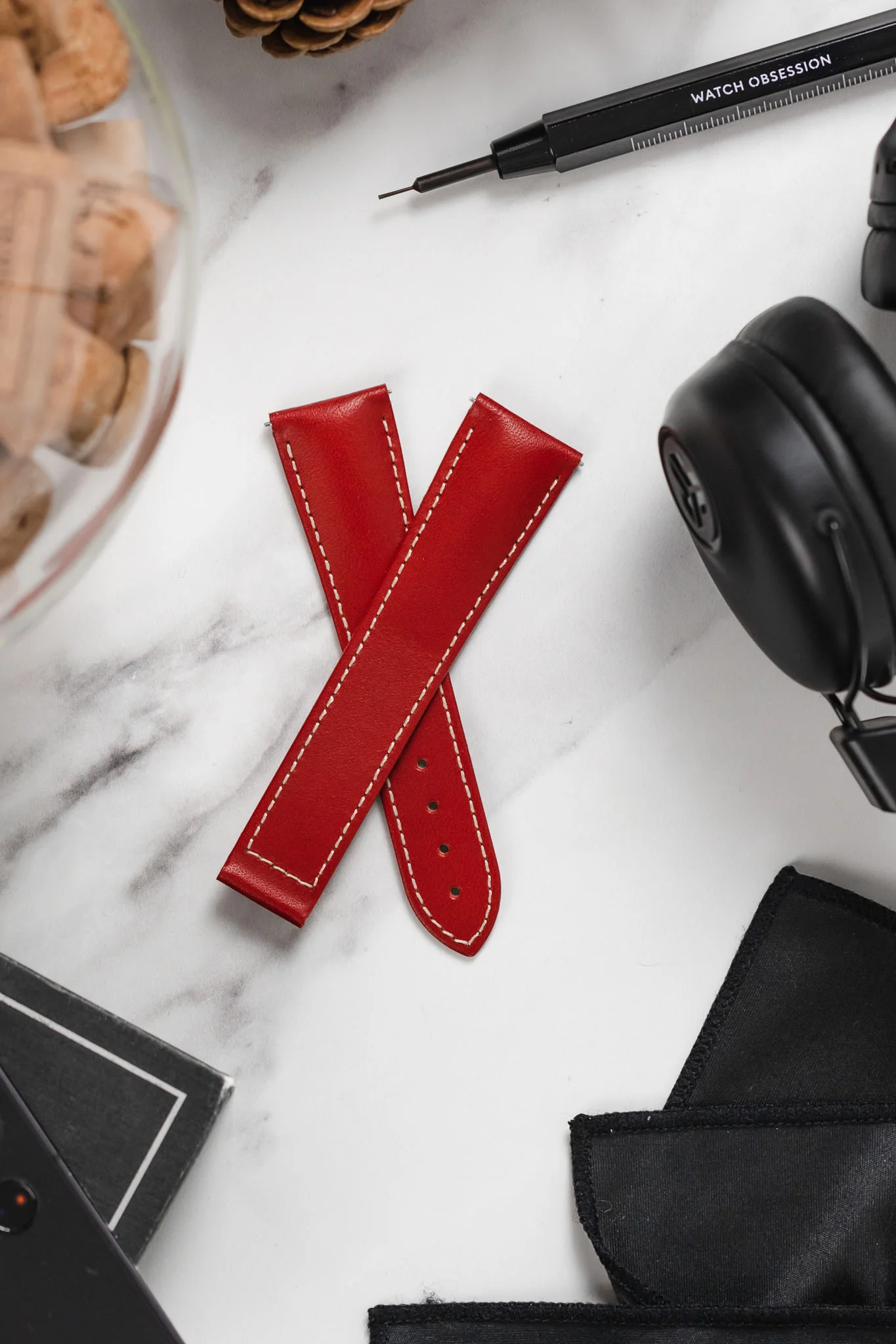 Hirsch VOYAGER Calfskin Leather Deployment Watch Strap in RED/WHITE - Image 4
